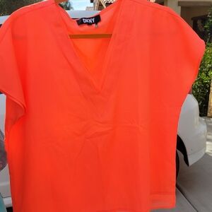 DKNY Women's Bright Orange V-Neck Dolman Sleeve Sheer Blouse Size L